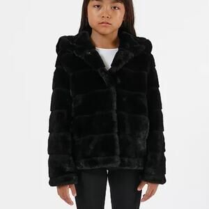 APPARIS Childrens Girls Goldy Faux Fur Short Coat - Black Kids Jacket - Size 4Y